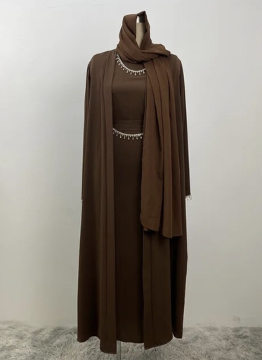 Full Outfit Moroccan Kaftan (with Scarf and Chain) - Brown