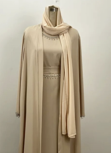 Full Outfit Moroccan Kaftan (with Scarf and Chain) - Beige
