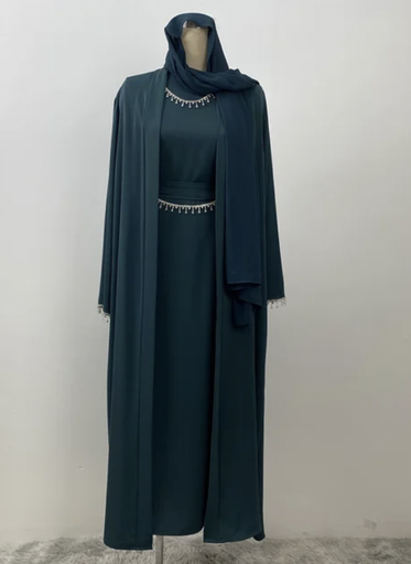 Full Outfit Moroccan Kaftan (with Scarf and Chain) - Green